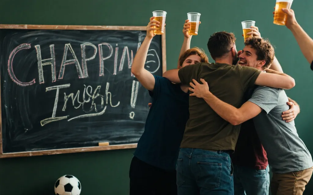 朋友们在酒吧或客厅看球，举杯与拥抱，黑板上写着助威口号，电影感