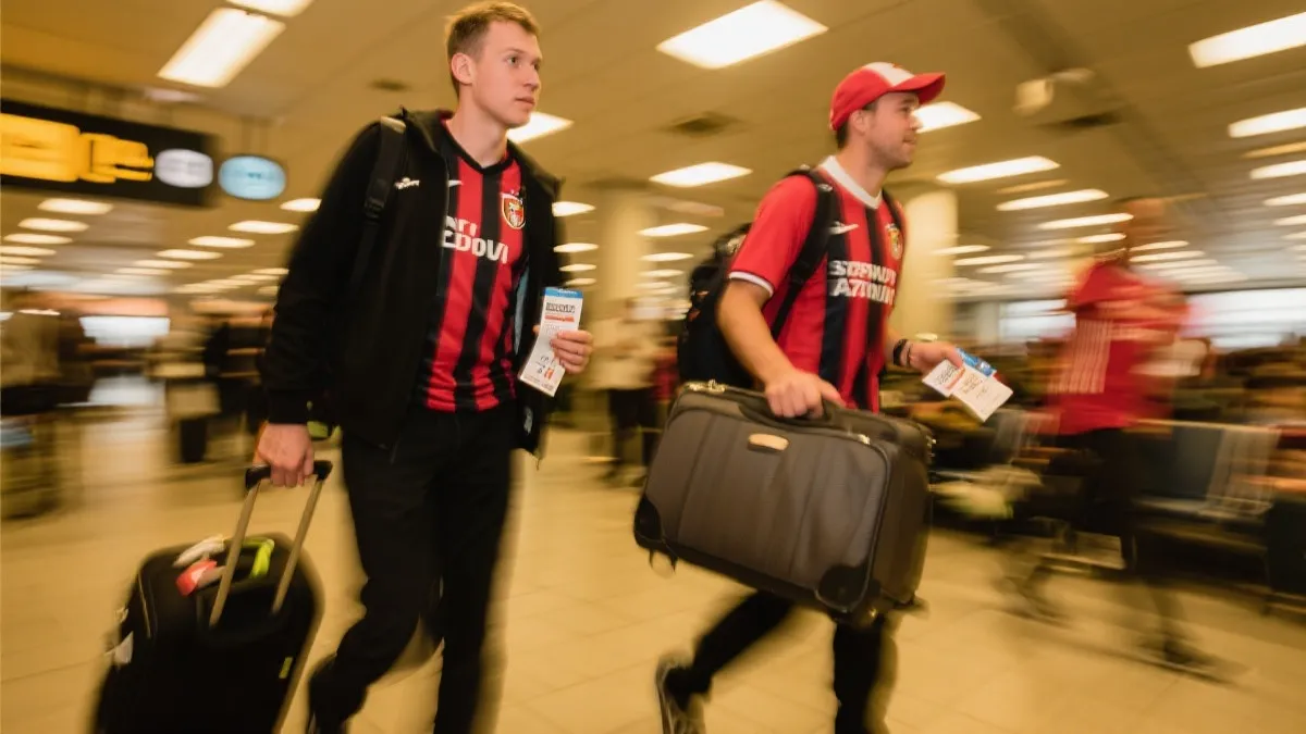 球迷在机场与城市间穿梭，手持行李与球票，跨国观赛旅行