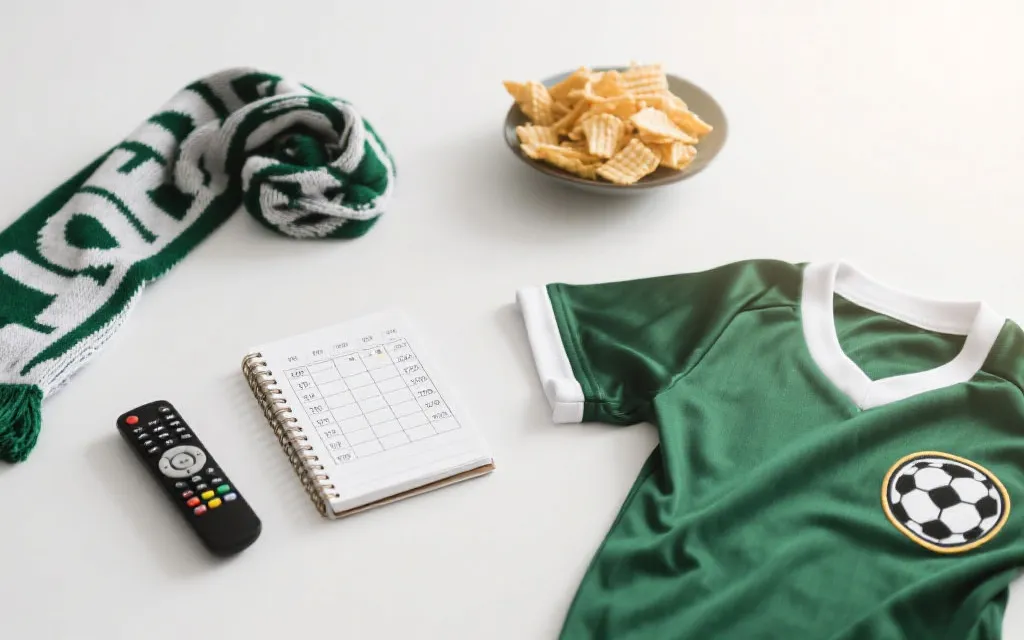 客厅观赛准备清单：球衣、零食、遥控器、时钟与日程本